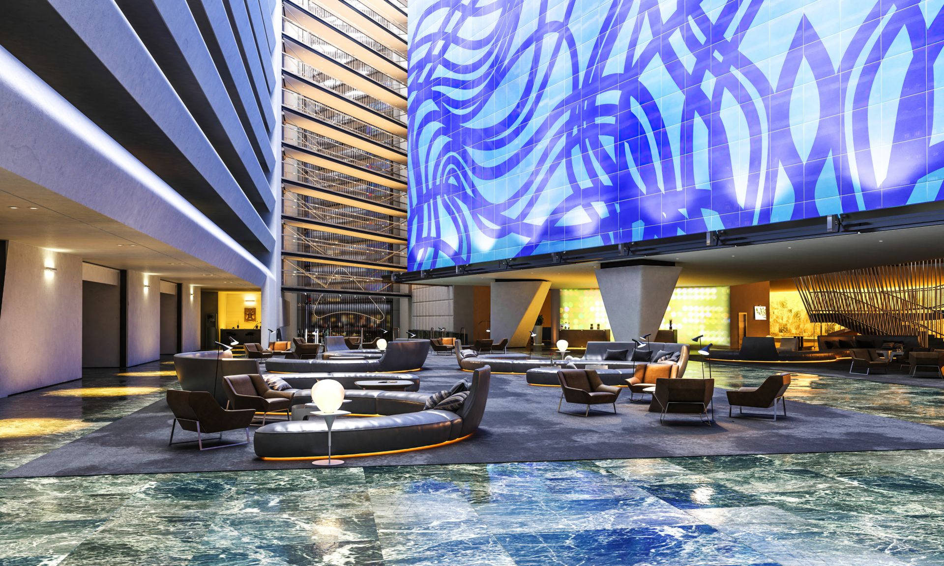 Large screen in a building, used for CANCOM digital signage solutions.